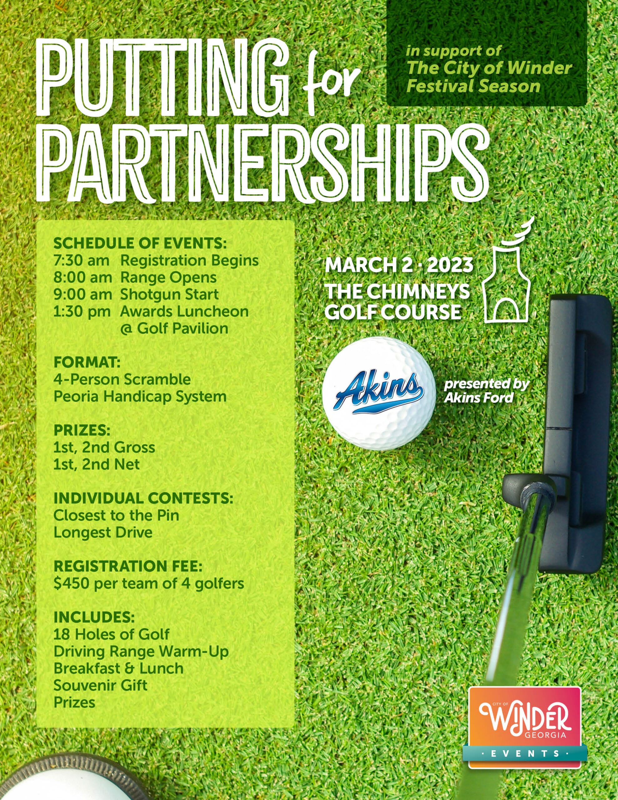 Event flyer for the City of Winder's Putting for Partnerships golf tournament at The Chimneys.